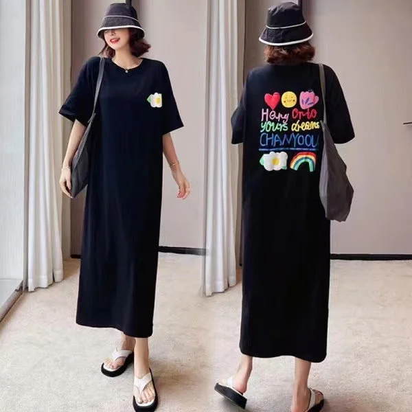 NiDELL Korean Style Summer plus Size Women's Clothes Casual Loose and Simple Letter Print T-shirt Long Dress Printed Elegant Dress Ins