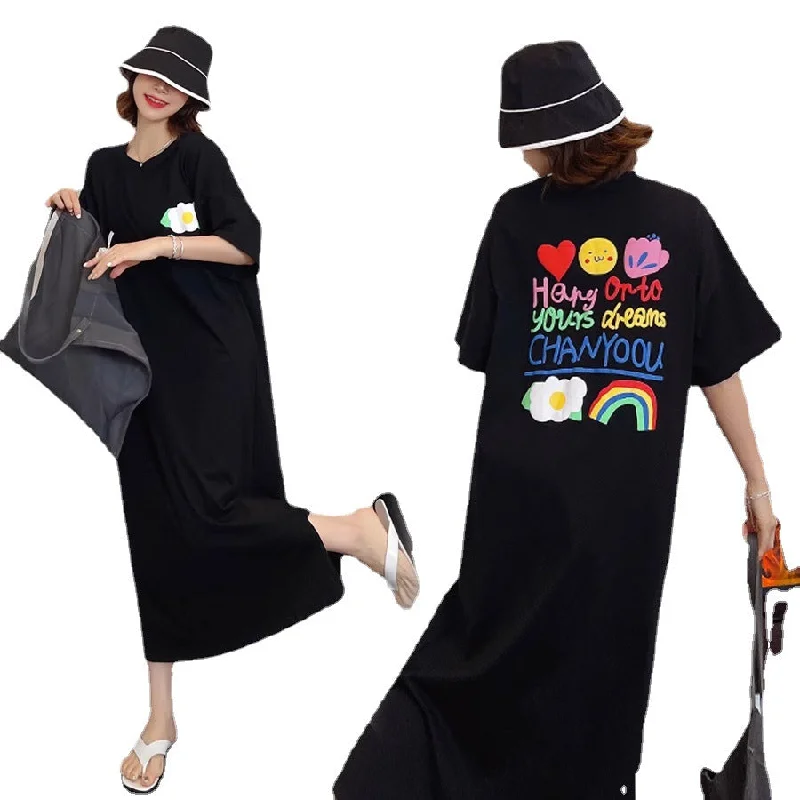 NiDELL Korean Style Summer plus Size Women's Clothes Casual Loose and Simple Letter Print T-shirt Long Dress Printed Elegant Dress Ins