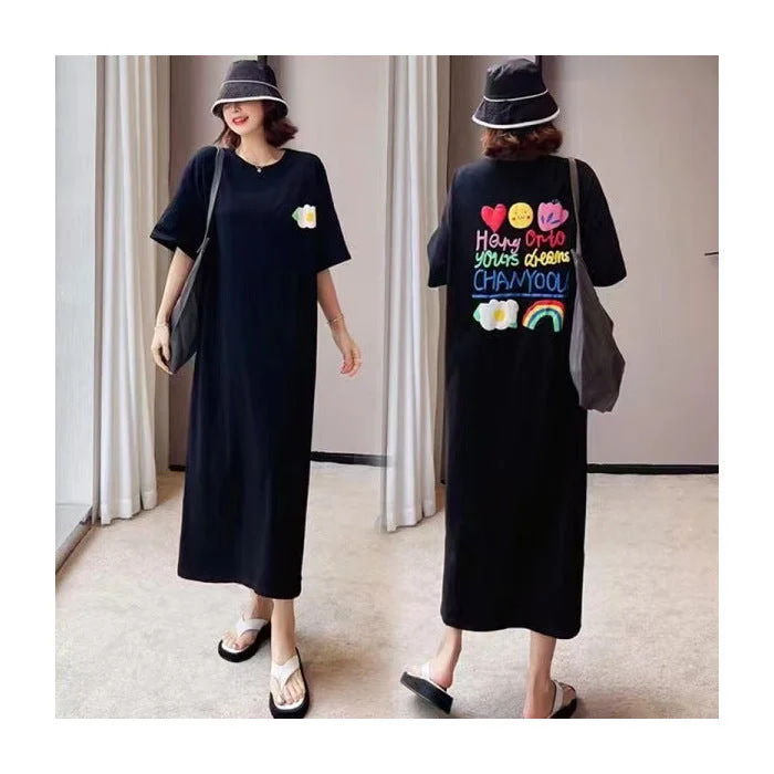 NiDELL Korean Style Summer plus Size Women's Clothes Casual Loose and Simple Letter Print T-shirt Long Dress Printed Elegant Dress Ins