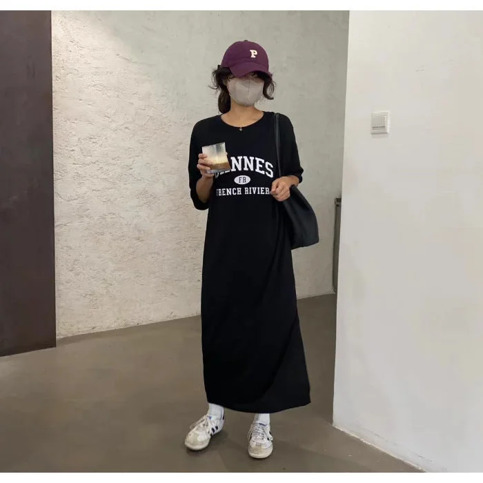 NiDELL Korean Summer Black Mid-Length Loose Dress Letter Print Casual T-shirt for Women Western Style All-Matching Can Be Worn outside