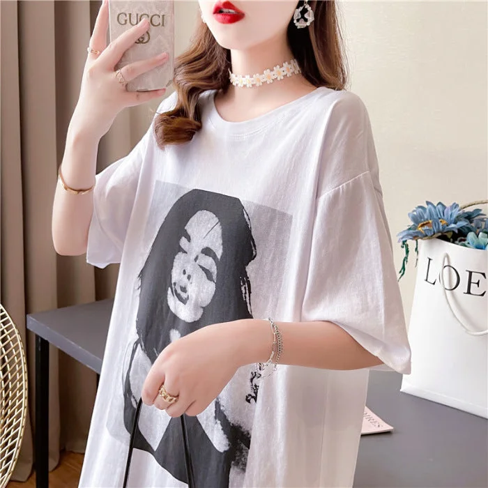 NiDELL Korean Summer Large Size T-shirt Retro Girl Print Short Sleeve and Long Pattern over the Knee Home Long Dress Loose T-shirt Dress