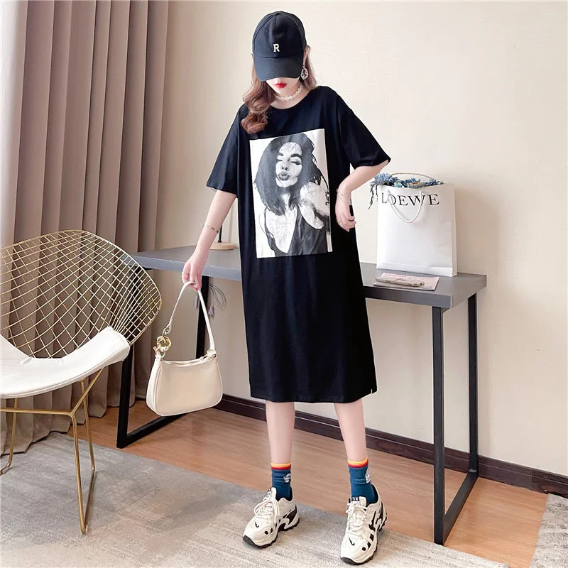 NiDELL Korean Summer Large Size T-shirt Retro Girl Print Short Sleeve and Long Pattern over the Knee Home Long Dress Loose T-shirt Dress