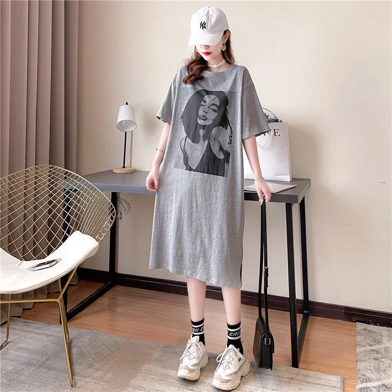 NiDELL Korean Summer Large Size T-shirt Retro Girl Print Short Sleeve and Long Pattern over the Knee Home Long Dress Loose T-shirt Dress