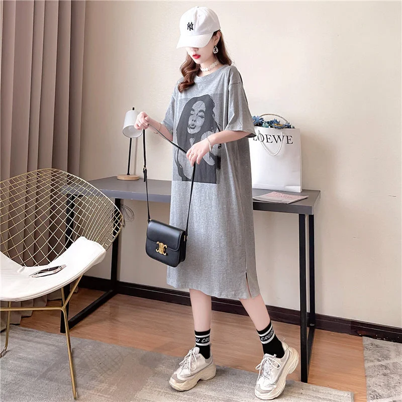 NiDELL Korean Summer Large Size T-shirt Retro Girl Print Short Sleeve and Long Pattern over the Knee Home Long Dress Loose T-shirt Dress