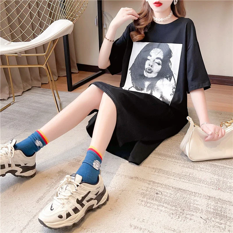 NiDELL Korean Summer Large Size T-shirt Retro Girl Print Short Sleeve and Long Pattern over the Knee Home Long Dress Loose T-shirt Dress