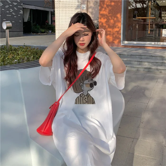 NiDELL Korean Summer New Casual Simple plus Size Women's Dress Loose Mid-Length over-the-Knee Western Style T-shirt Skirt Women