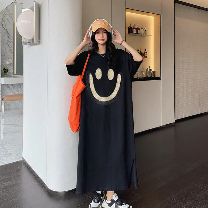 NiDELL Korean Summer New Large Size Women's Clothing Crew Neck Casual Loose T-shirt Long Dress All-Matching Printed Short Sleeve Dress Fashion