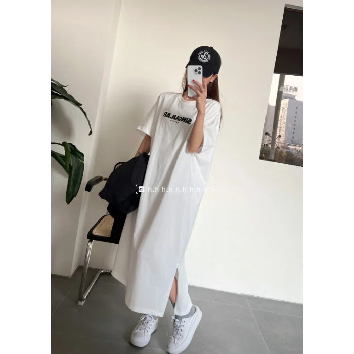 NiDELL Korean Summer New Large Size Women's Clothing Fresh Mid-Length over-the-Knee Dress Simple Loose T-shirt Long Dress Fashion