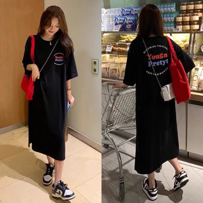 NiDELL Korean Summer New Large Size Women's Loose Mid-Length Dress Casual Simple Printed T-shirt Long Dress Women's Ins