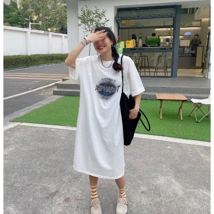 NiDELL Korean Summer New Loose Large Size Casual Loose and Simple Dress All-Matching Western Style Fresh T-shirt Women's Fashion