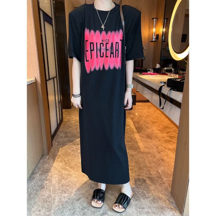 NiDELL Korean Summer New Mid-Length over-the-Knee Dress Loose plus Size Casual Simple T-shirt Long Dress Can Be Worn outside