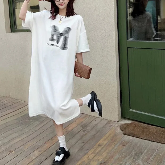 NiDELL Korean Summer New Versatile Loose Large Size Dress Casual Simple Western Style T Long Shirt Dress Ins Fashion Can Be Worn outside