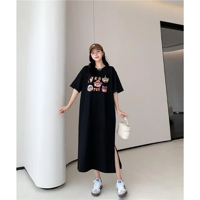 NiDELL Large Size Loose T-shirt Skirt Women's Summer High Sense Temperament Long Dress Fat Sister Slimming Youthful-Looking Casual Dress