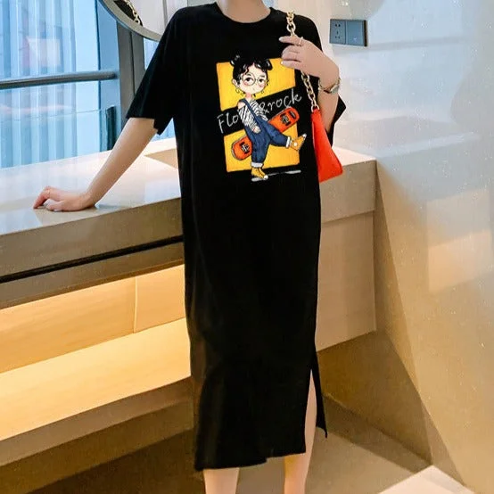 NiDELL Large Size Women's Clothing Fat Sister Korean Style Loose Slimming Summer Simplicity Dress Long Younger Short Sleeve T-shirt Skirt