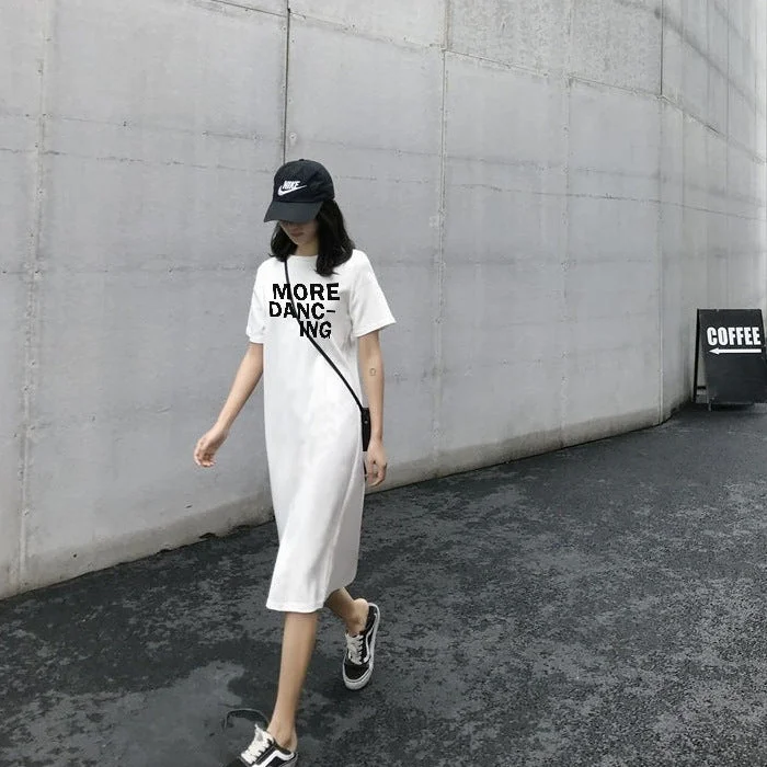 NiDELL Letter Print Long T-shirt Skirt Summer Korean Style Slimming Loose Fashion Mid-Length Short Sleeve Straight Dress Fashion