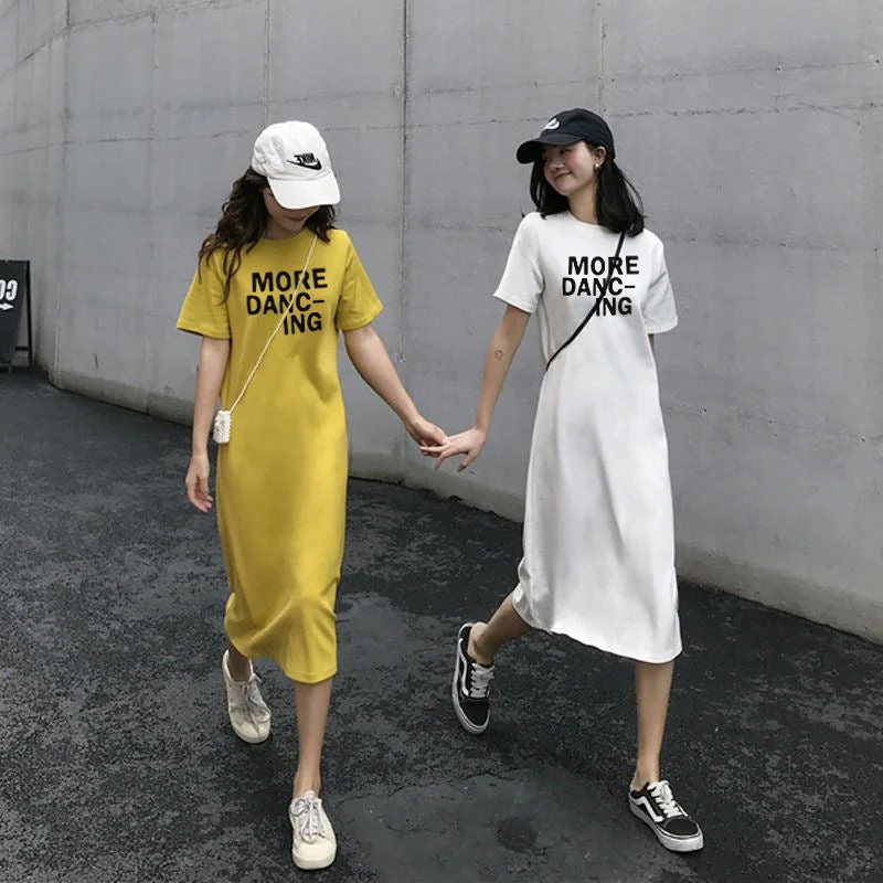 NiDELL Letter Print Long T-shirt Skirt Summer Korean Style Slimming Loose Fashion Mid-Length Short Sleeve Straight Dress Fashion