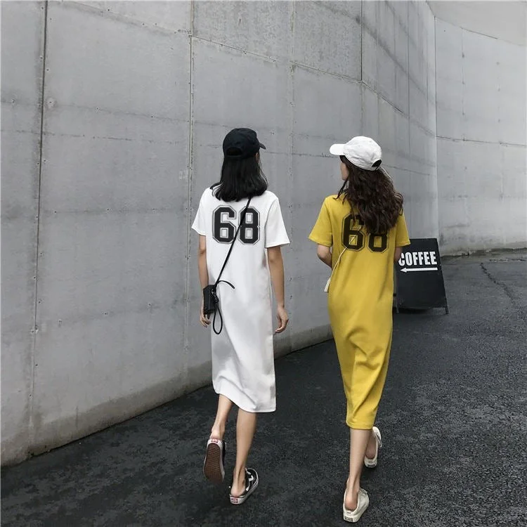 NiDELL Letter Print Long T-shirt Skirt Summer Korean Style Slimming Loose Fashion Mid-Length Short Sleeve Straight Dress Fashion