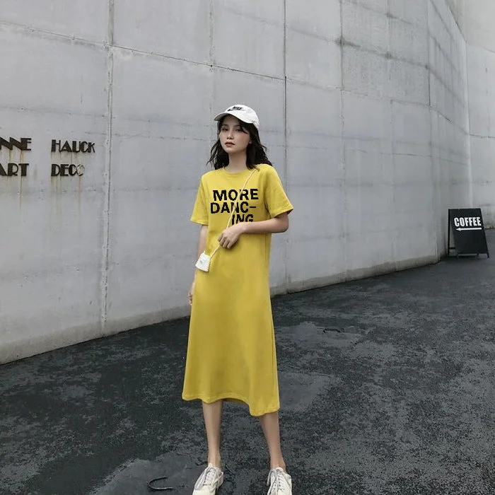 NiDELL Letter Print Long T-shirt Skirt Summer Korean Style Slimming Loose Fashion Mid-Length Short Sleeve Straight Dress Fashion