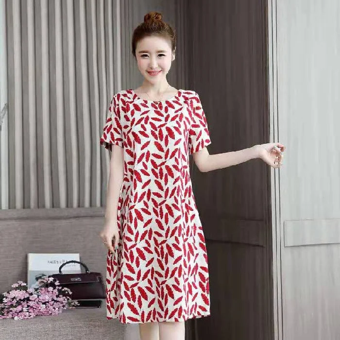 NiDELL Mid-Length Large Size Printed Dress . New Women's Summer Loose Slimming A- line Skirt Casual Mom's Skirt Fashion