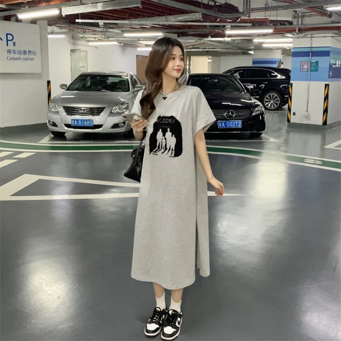 NiDELL New Korean Style Short Sleeve Net Red Wind T-shirt Summer Long Dress Can Be Worn outside Fat Girl Large Size Loose Dress Home Wear Fashion