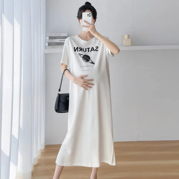 NiDELL . New Korean Style Short Sleeve T-shirt Skirt Women's Loose Casual Korean Style Fashion Mid-Length over-the-Knee Dress Long Skirt