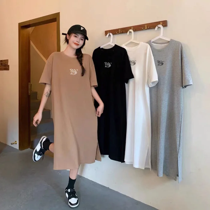 NiDELL New plus Size Women's Clothes Short Sleeve Summer Loose Nightdress Slimming Overknee Long Dress Casual Dress Slit Skirt Trendy