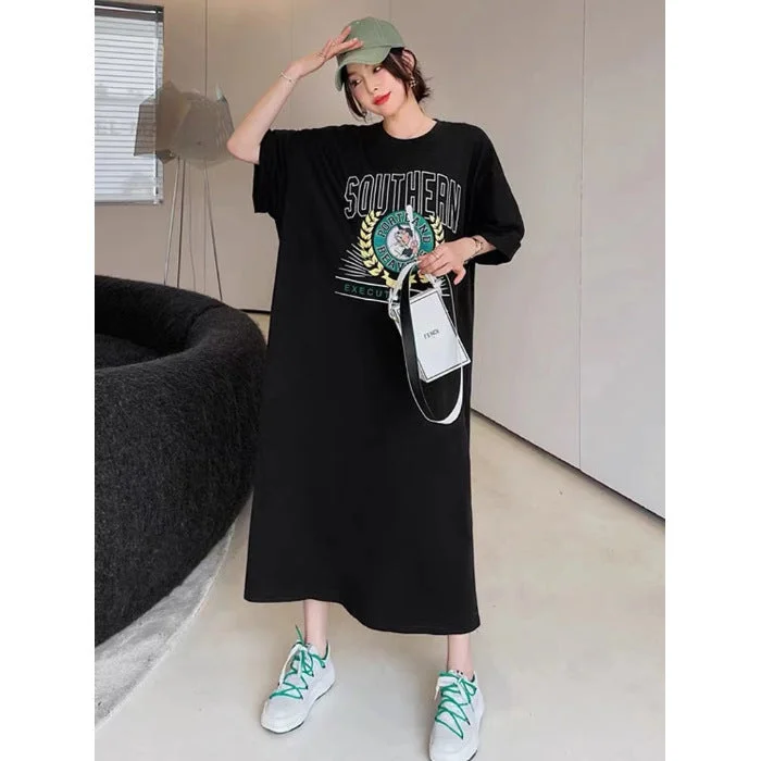 NiDELL Plump Girls plus Size Summer Simplicity over-the-Knee Lazy Dress Split . New Long Korean Style Dress 100.00kg