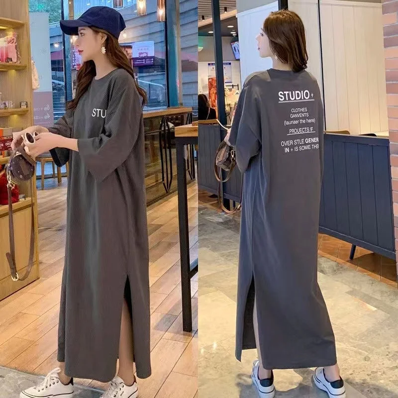 NiDELL Plump Girls Summer New Lazy Long Short Sleeve Loose Overknee plus Size Dress 100.00kg Long Skirt T-shirt Skirt