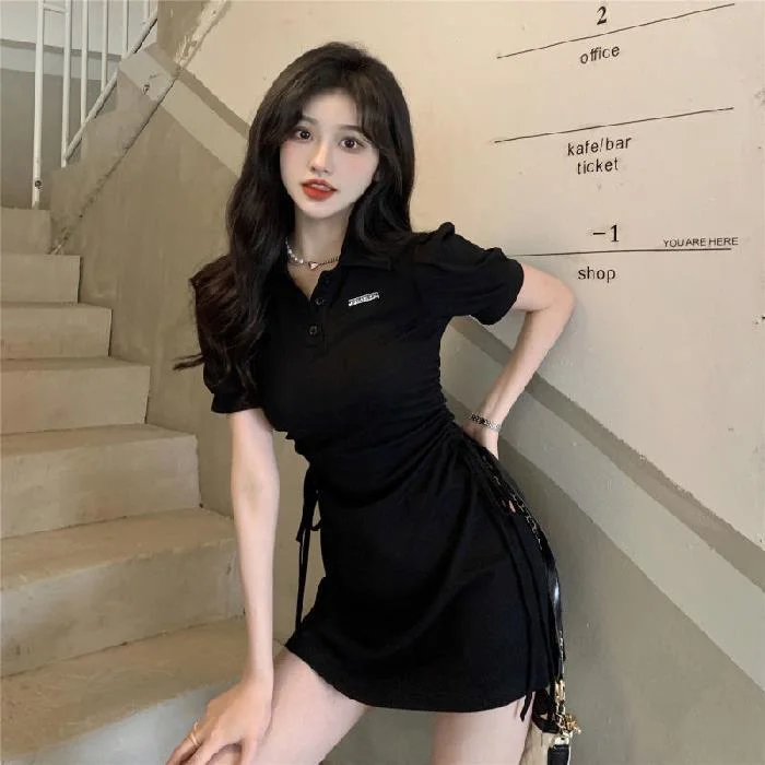 NiDELL Polo Collar Dress Women's Spring and Summer . New Drawstring Waist-Controlled Slim Fit Slimming Sweet and Spicy Style Short Sleeve Skirt