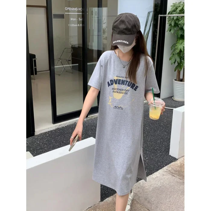 NiDELL Short Sleeve T-shirt Skirt Women's Summer Mid-Length Loose Korean Style Overknee Casual Dress Large Size Cotton Lazy Dress