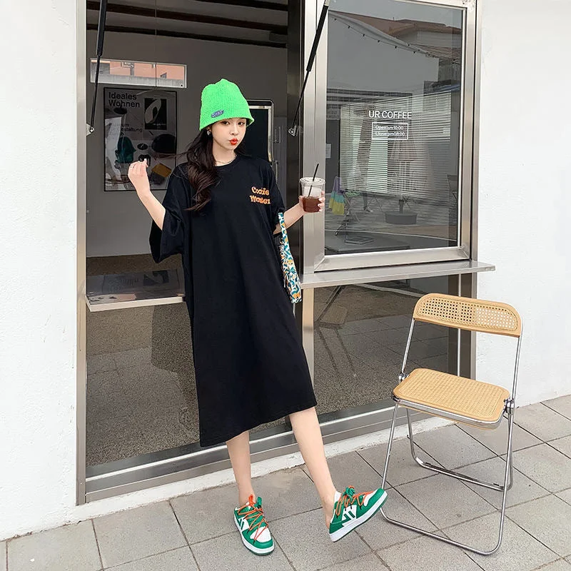 NiDELL Short-Sleeved T-shirt Female Dress Summer New Korean Style Ins Fashionable Loose Mid-Length over-the-Knee Simple Dress