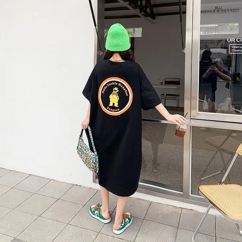 NiDELL Short-Sleeved T-shirt Female Dress Summer New Korean Style Ins Fashionable Loose Mid-Length over-the-Knee Simple Dress