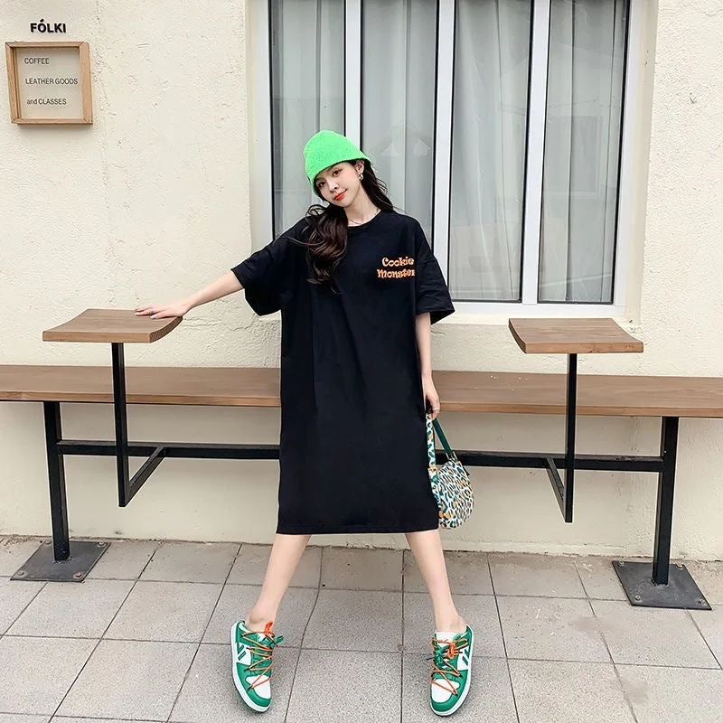 NiDELL Short-Sleeved T-shirt Female Dress Summer New Korean Style Ins Fashionable Loose Mid-Length over-the-Knee Simple Dress