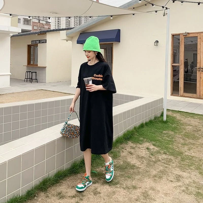 NiDELL Short-Sleeved T-shirt Female Dress Summer New Korean Style Ins Fashionable Loose Mid-Length over-the-Knee Simple Dress