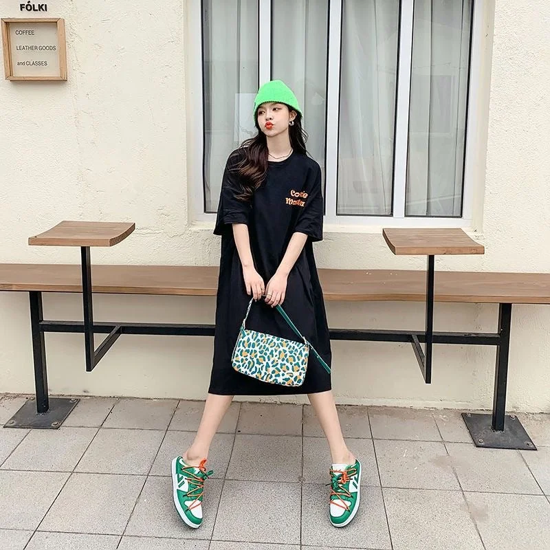 NiDELL Short-Sleeved T-shirt Female Dress Summer New Korean Style Ins Fashionable Loose Mid-Length over-the-Knee Simple Dress