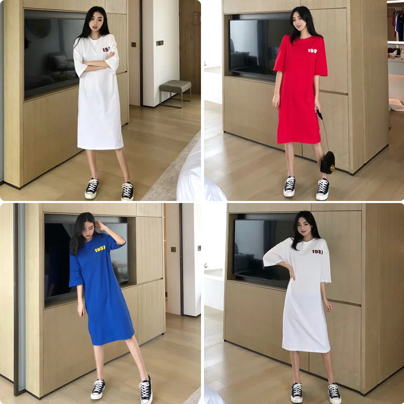 NiDELL Spring and Summer New Personalized Fashion Dress Women's Loose Large Size Long Long Dress over-the-Knee Pajamas Home Can Be Worn outside