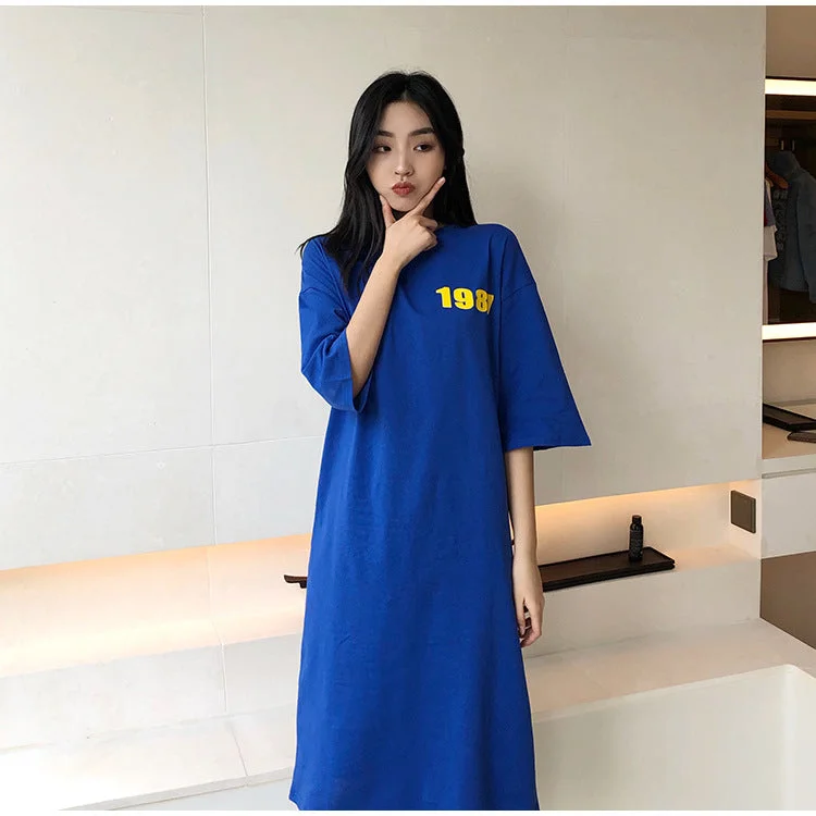 NiDELL Spring and Summer New Personalized Fashion Dress Women's Loose Large Size Long Long Dress over-the-Knee Pajamas Home Can Be Worn outside