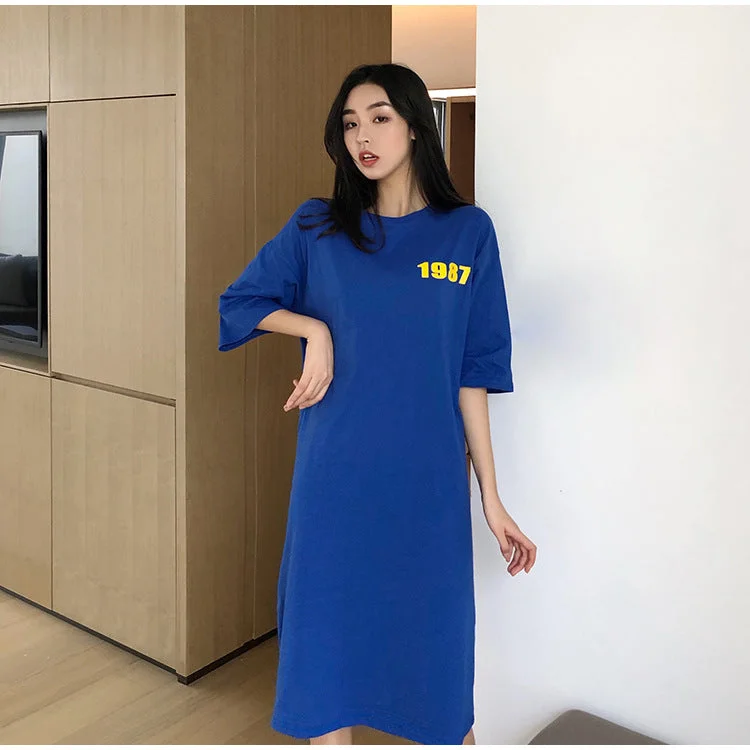 NiDELL Spring and Summer New Personalized Fashion Dress Women's Loose Large Size Long Long Dress over-the-Knee Pajamas Home Can Be Worn outside