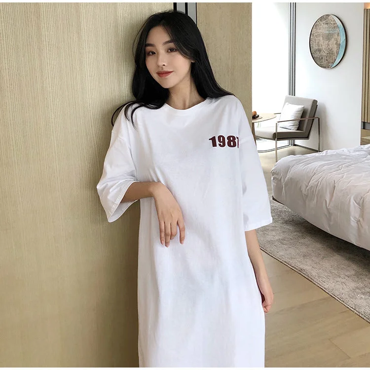 NiDELL Spring and Summer New Personalized Fashion Dress Women's Loose Large Size Long Long Dress over-the-Knee Pajamas Home Can Be Worn outside