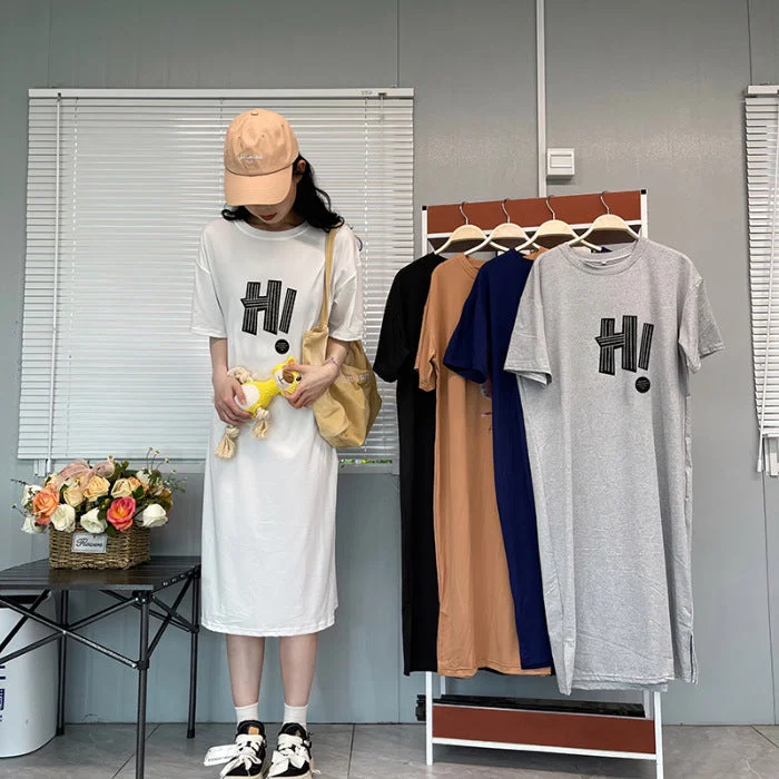 NiDELL Summer and Autumn Korean-Style Letter Print Loose plus-Size Preppy Style Dress Mid-Length Casual Simple T-shirt Skirt Women