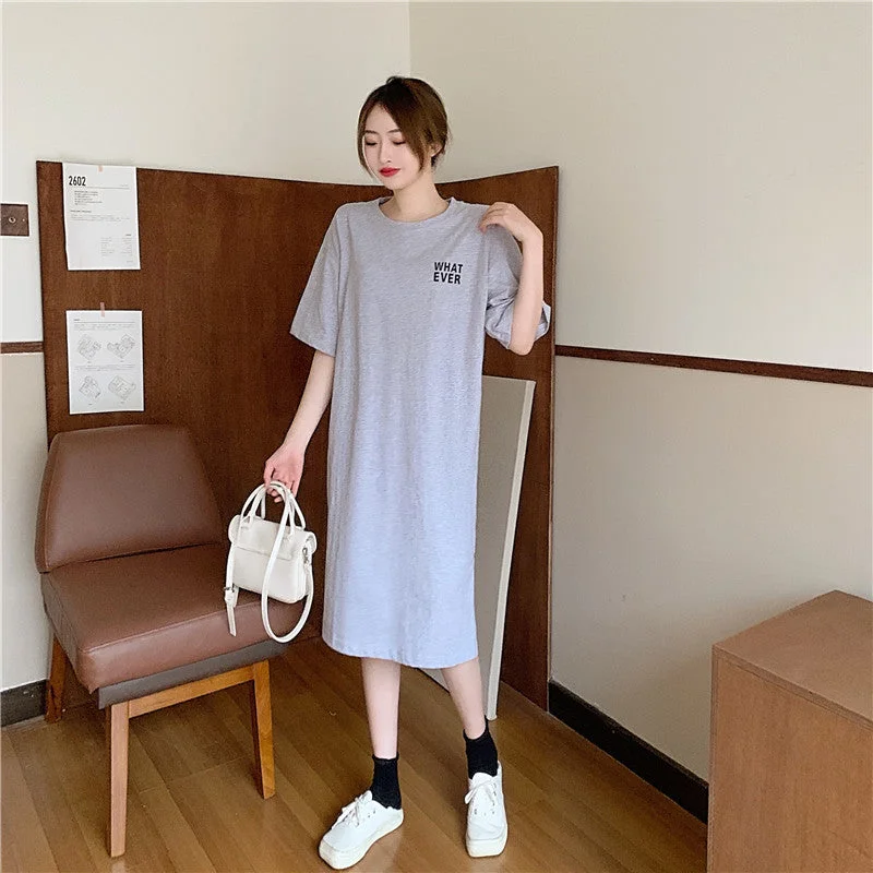 NiDELL Summer Figure Flattering Long Dress Ins Korean Style New Split Mid-Length Short Sleeve Loose Overknee Cotton T-shirt Dress for Women