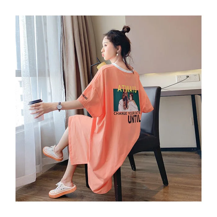 NiDELL Summer Korean New All-Matching Printed Large Size T-shirt Loose Casual Simple and Fresh Dress Can Be Worn outside Fashion