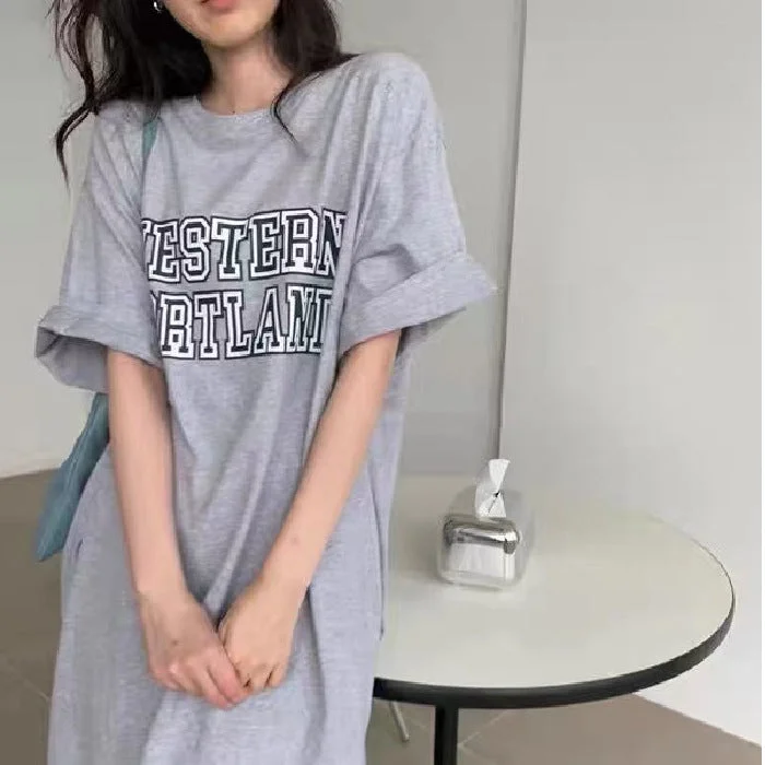 NiDELL Summer Korean New Fashion Short-Sleeved Letter T-shirt Skirt Loose Cool Slimming High over-the-Knee Dress Ins Fashion