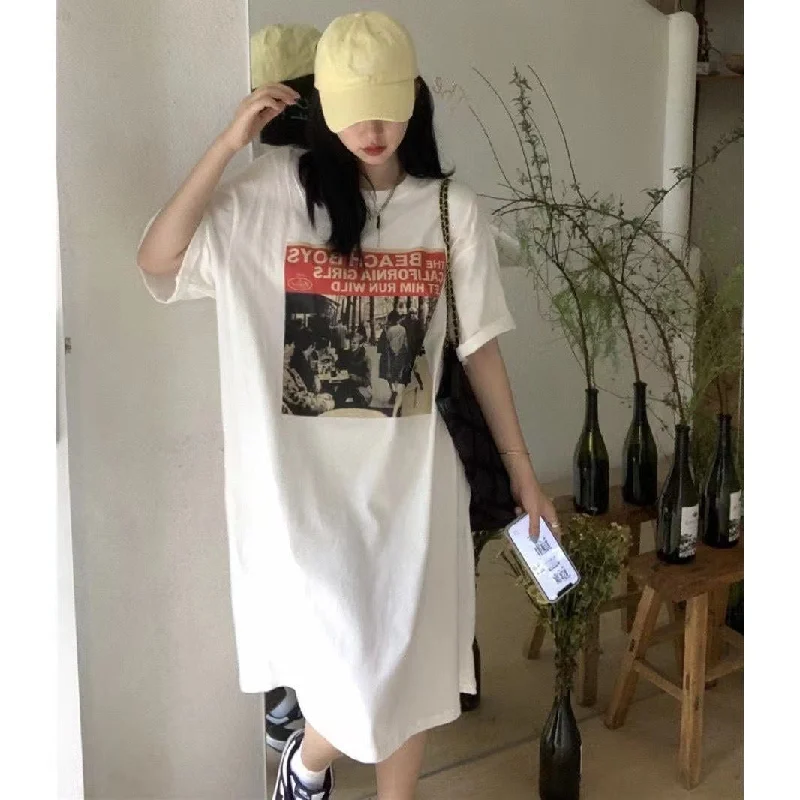 NiDELL Summer Korean New Western Style Personalized Letter Print T-shirt Dress Idle Style Loose plus Size Mid-Length Dress Fashion