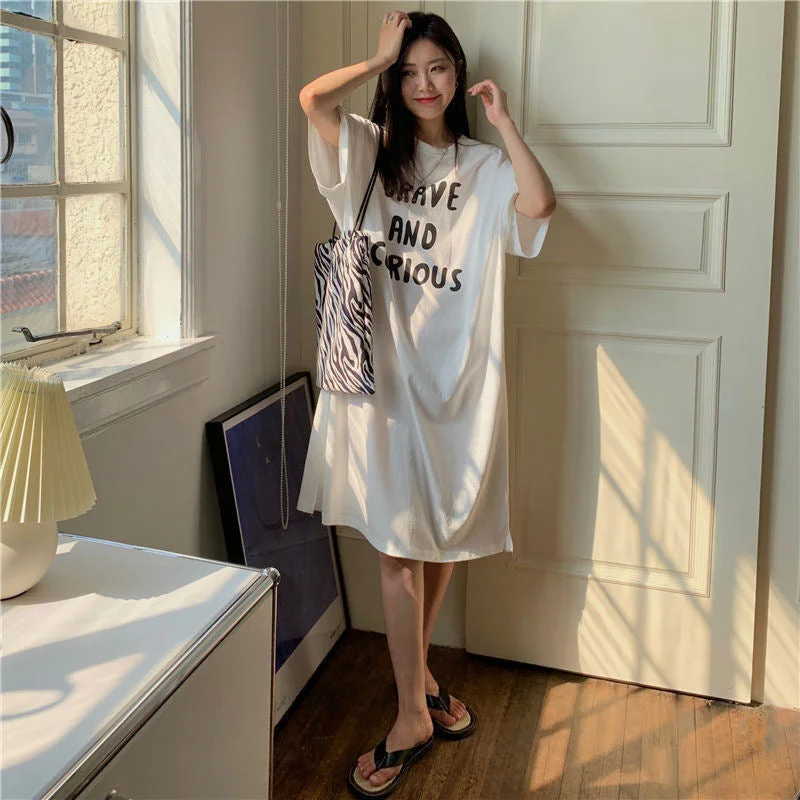 NiDELL Summer Korean Style Fat Sister Knee-Length Short-Sleeved Women's Mid-Length Lazy Loose Large Size T-shirt Women's Dress 100.00kg