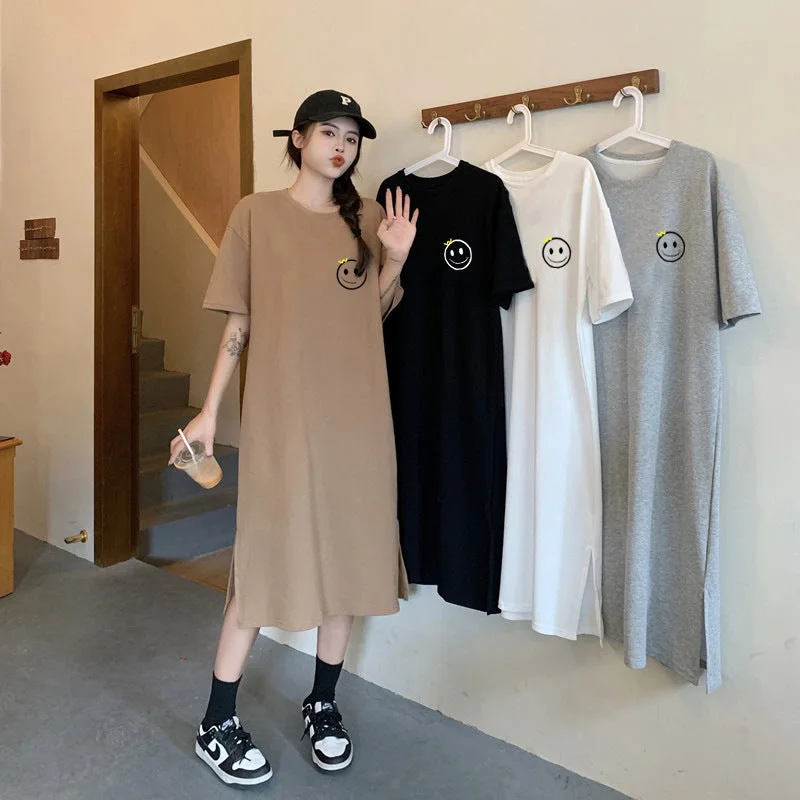 NiDELL Summer Korean Style Fresh Large Size Loose Overknee Dress Women's Simple Casual Mid-Length T-shirt Skirt Trendy