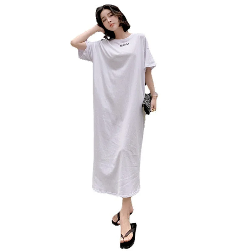 NiDELL Summer Korean Style Large Size Short-Sleeved Nightdress Women's over-the-Knee Dress Internet Hot Lazy Style Ultra-Long Pajamas Home Wear