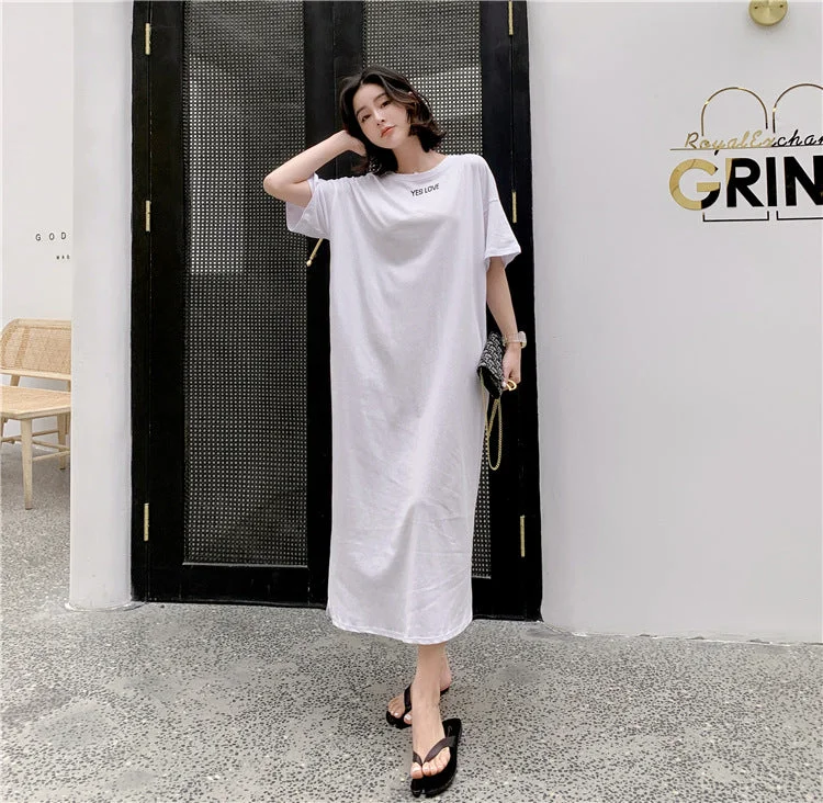 NiDELL Summer Korean Style Large Size Short-Sleeved Nightdress Women's over-the-Knee Dress Internet Hot Lazy Style Ultra-Long Pajamas Home Wear