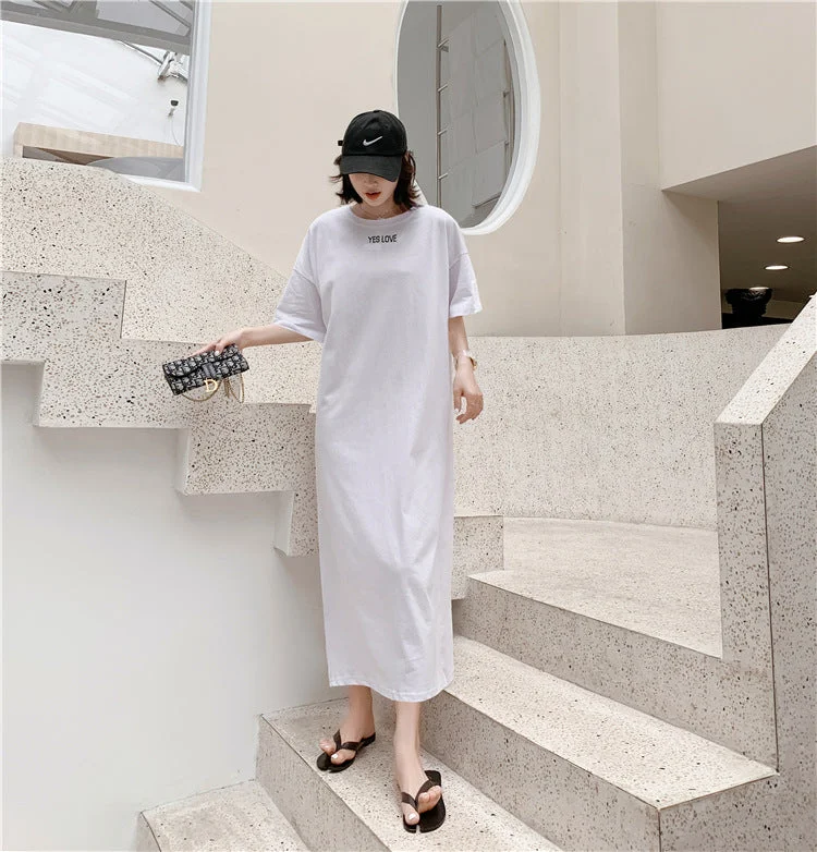 NiDELL Summer Korean Style Large Size Short-Sleeved Nightdress Women's over-the-Knee Dress Internet Hot Lazy Style Ultra-Long Pajamas Home Wear