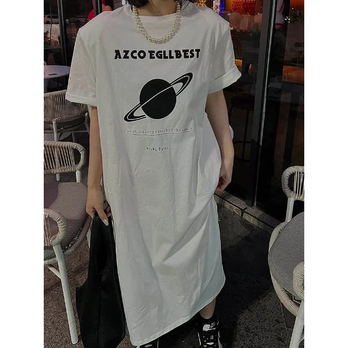 NiDELL Summer Korean Style Loose Large Size Dress Simple and Fresh Printed Cartoon Mid-Length T-shirt Skirt Can Be Worn outside Fashion